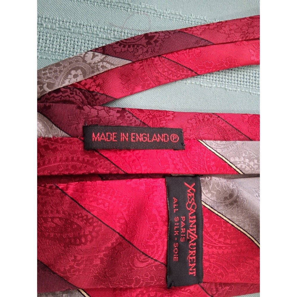 Yves Saint Laurent Paris Silk Tie Red Burgundy Silver Paisley Striped England